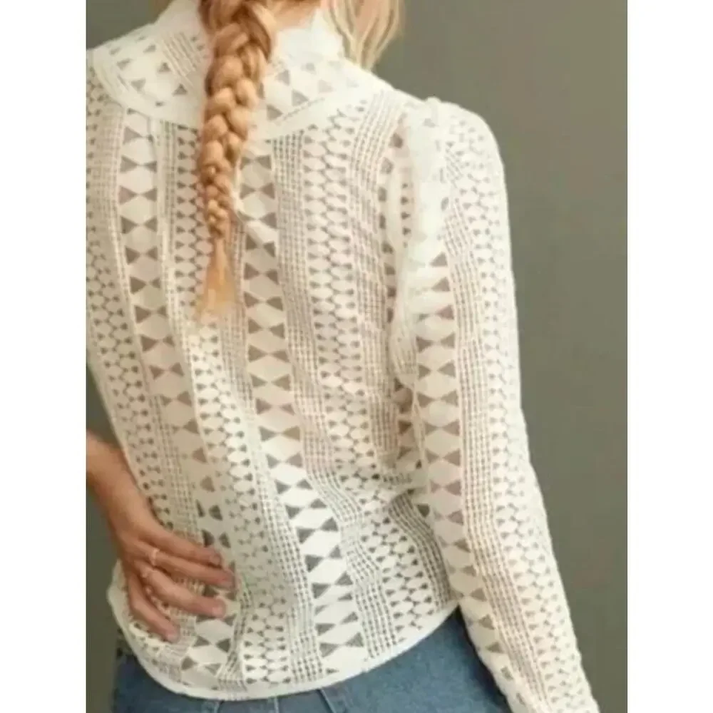 Anthropologie Lace Button Down Blouse Women's 16W Romantic Festival Cream